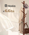 Wooden Coat Rack Freestanding With 8 Hooks And 3 Adjustable Heights Space Saving Clothes Organizer With Hat And Bag