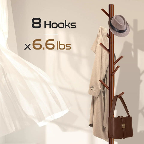 Wooden Coat Rack Freestanding With 8 Hooks And 3 Adjustable Heights Space Saving Clothes Organizer With Hat And Bag