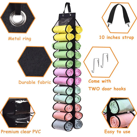 Leggings Storage Roller Organizer With 24 Clear Compartments, Foldable Portable Closet Rack for wall with fabrics and hooks.