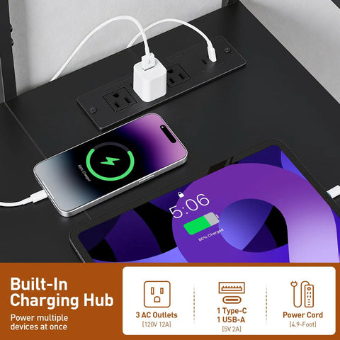 Full On Game Changer Electric Dual Motor L Shaped Standing Desk With Extra Storage Hutch One Touch Smooth Lift showing built-in charging hub and devices.