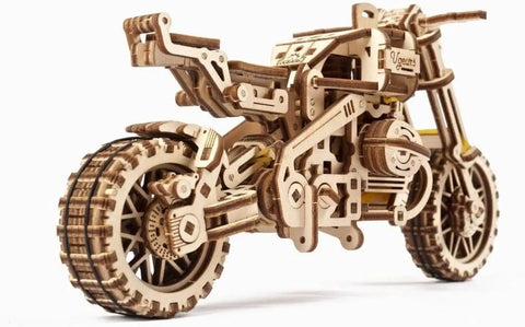 Scrambler UGR 10 Mechanical Model Kit With Working Rubber Band Motor Moving Pistons Belt Driven System 3D Puzzle Craft For Adults Totally Dope Hobby Build Classic Dual Sport Motorcycle Replica wooden model side view