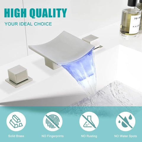 Brushed Nickel 8-Inch Widespread LED Waterfall Bathroom Faucet, 3-Hole Deck-Mount, 2-Handle Vanity Sink Faucet With Color-Changing Light