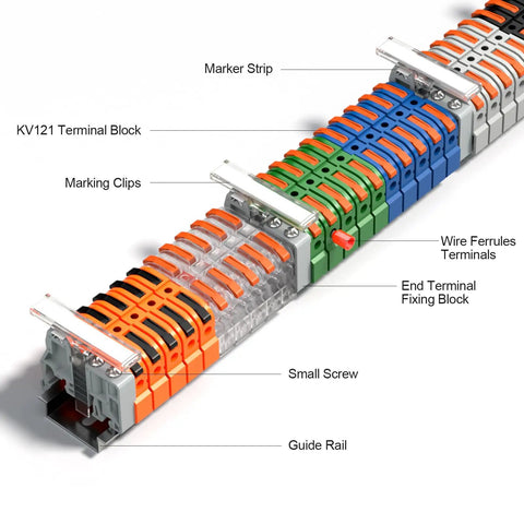 Beefy Terminal Block Kit With 12.6 Inch DIN Rail, 600V 32A Lever Wire Connectors For 24-12 AWG, Quick Wiring Setup, color terminal blocks shown