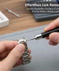 Using Three Piece Watch Link Remover Tool Kit With 0.7mm, 0.8mm And 0.9mm Precision Punches for easy DIY watch band adjustments.