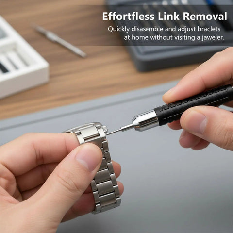 Using Three Piece Watch Link Remover Tool Kit With 0.7mm, 0.8mm And 0.9mm Precision Punches for easy DIY watch band adjustments.