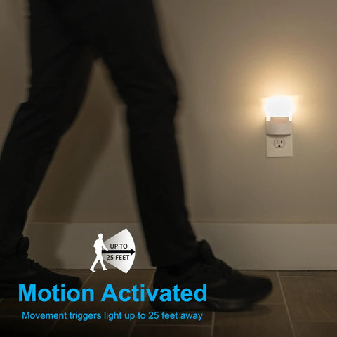 LED Motion Activated Night Light Plug In Wall 40 Lumens Soft White UL Certified Energy Efficient No Fuss Nightlight glowing on wall