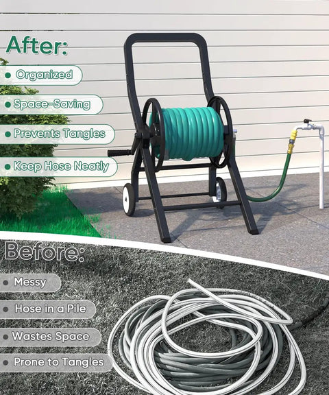 Built Tough Heavy Duty Garden Hose Reel Cart With Wheels For Outdoor Use shown storing hose neatly.