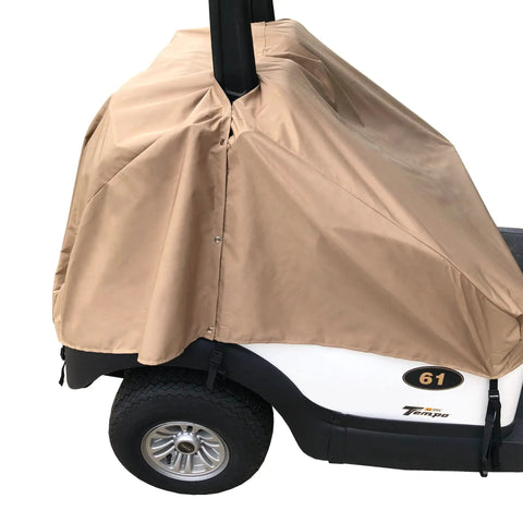 All Weather Golf Cart Seat Cover For 4 Passenger Carts Fits 2 Plus 2 Or 2 Person Universal Fit Quick Storage Access Bench Shield Protector Rain Dew And Sun draped over a golf cart