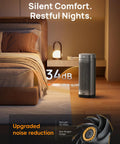 Fast Heating Indoor Space Heater beside bed in dimly lit bedroom with remote, highlighting 34dB quiet operation for restful nights.