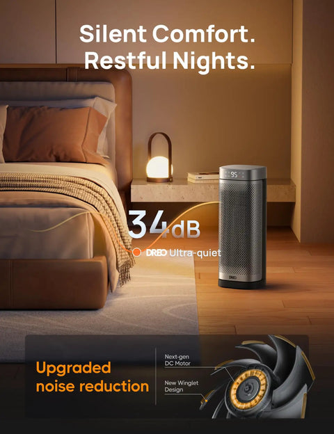 Fast Heating Indoor Space Heater beside bed in dimly lit bedroom with remote, highlighting 34dB quiet operation for restful nights.