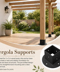 Heavy Duty 2X2 Square Post Floor Mount Brackets 4 Pack Black Coated Steel Deck Railing Bases in outdoor pergola setup.