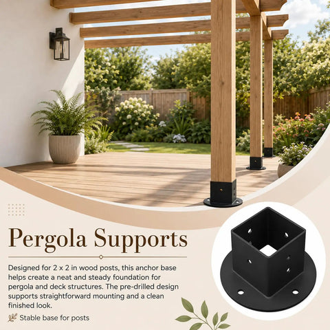 Heavy Duty 2X2 Square Post Floor Mount Brackets 4 Pack Black Coated Steel Deck Railing Bases in outdoor pergola setup.