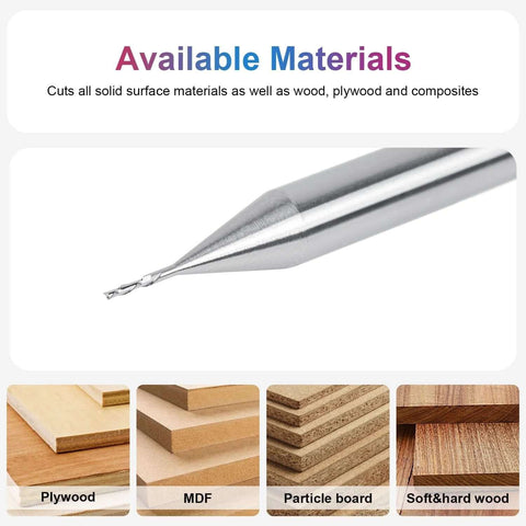 SpeTool 1/32 in downcut inlay router bit, 1/4 in carbide shank, woodworking CNC end mill close-up of cutting tip
