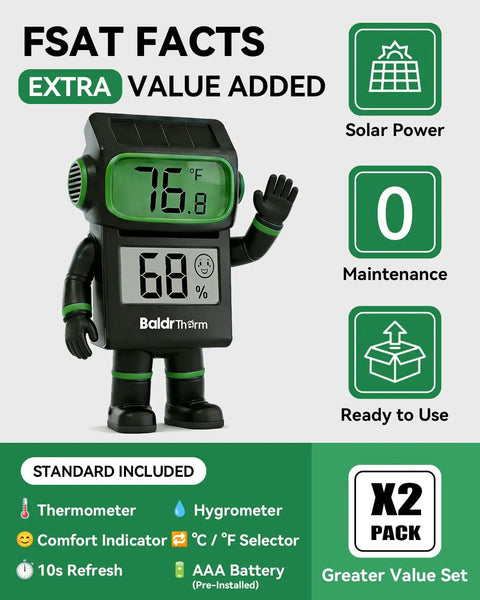 2 Pack Digital Hygrometer Thermometer With Solar Power And Battery Backup Temperature And Humidity Monitor For Home Mini Room Thermometer With Comfort Indicator Black, x2 pack
