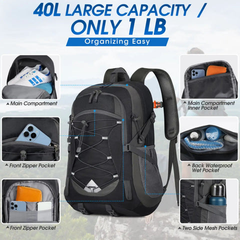40L Packable Hiking Backpack For Men And Women Lightweight Waterproof Daypack with compartments, wet pocket, and accessories