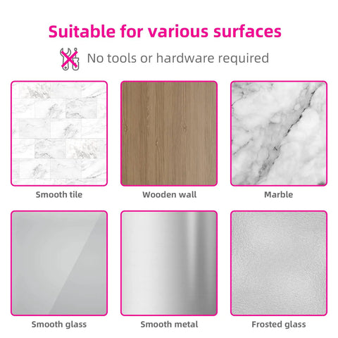 Image showing 4 Pack Wall Mount Broom And Mop Holder Set suitable surfaces: tile, wood, marble, glass, metal, frosted glass.