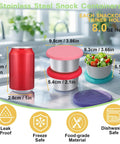 Six Pack 8oz Stainless Steel Snack Containers For Kids With Silicone Lids shown next to a soda can on a kitchen counter.