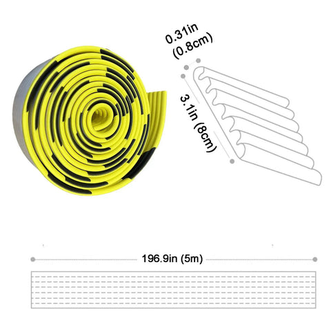 Heavy Duty Self Adhesive Corner Guards High Visibility Yellow Black Edge Bumpers roll showing dimensions, 5m length, 0.8cm thick NBR foam.