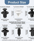 Universal Bumper Retainer Clip Kit 100Pcs Auto Push Pin Rivets And Fastener Remover Tool Durable Nylon Pro Grade Car Trim Fasteners For Cars SUVs Trucks Fender Bumper Clips Set For Easy Install size chart with 6 clip dimensions