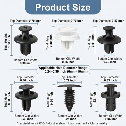 Universal Bumper Retainer Clip Kit 100Pcs Auto Push Pin Rivets And Fastener Remover Tool Durable Nylon Pro Grade Car Trim Fasteners For Cars SUVs Trucks Fender Bumper Clips Set For Easy Install size chart with 6 clip dimensions