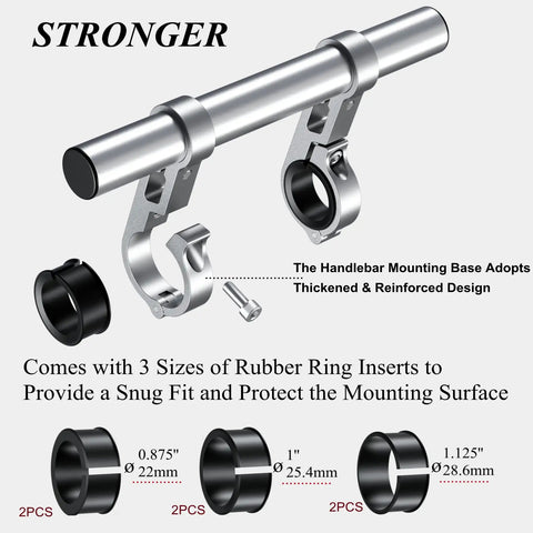 Beefed Up Aluminum Handlebar Extender For Bike And Motorcycle With Dual Mount Clamp Bracket 8 Inch Length Fits Round Rails 0.87 To 1.26 Inch CNC Machined 6061 T6 Aluminum Hard Anodized, rubber ring inserts included for secure fit.