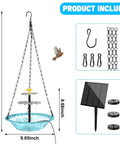 Hanging Sun Powered Bird Bath Fountain With 3 Layer Cascading Design And 3 Nozzles Blue Glass Bowl setup includes chains and solar panel.