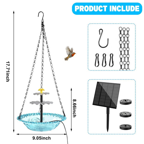 Hanging Sun Powered Bird Bath Fountain With 3 Layer Cascading Design And 3 Nozzles Blue Glass Bowl setup includes chains and solar panel.