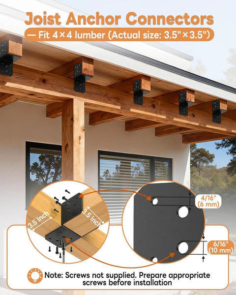 Installed Beefy Four Pack Heavy Duty 4x4 Post Anchor and Joist Connector Brackets Without Screws for securing wood beams