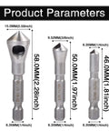 Wood Countersink Deburring Tool Set With One Quarter Hex Shank Chamfer Bits Five Sixty Fourths One Eighth Three Sixteenths Set Of 3 No Fuss Quick Change Drill Bits For Sinking Ninety Degree Holes In Wood And Soft Metals showing dimensions and sizes of bits