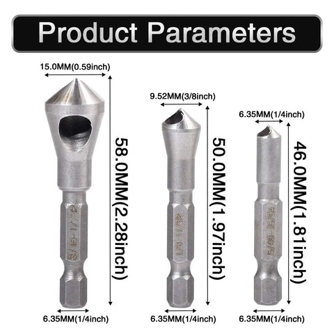 Heavy Duty 3 Piece Countersink Chamfer Drill Bit Set With One Quarter Inch Hex Shank High Speed Steel showing sizes and parameters.