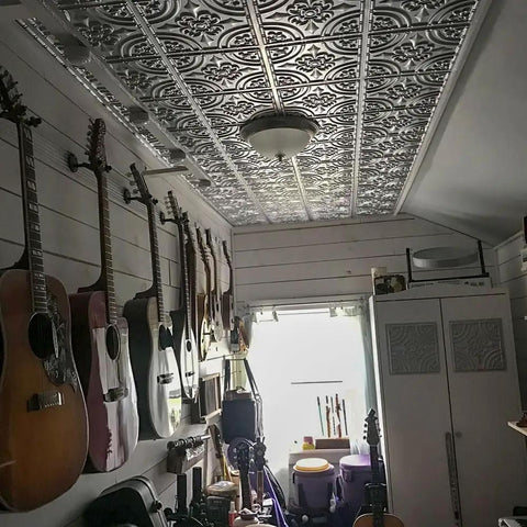 Copper Faux Tin PVC Ceiling Tiles 2x2 Glue Up Easy Install Paintable Tin Look Ceiling Tiles For Quick DIY Makeover Covers 40 Sq Ft No Mess Lightweight And Durable in a music room