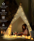 Warm White LED Star String Lights 10 Ft Battery Operated For Indoor Outdoor Decor illuminating a cozy children's tent at night