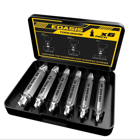 Six Piece Easy Out Screw Extractor Kit For Stripped Bolts And Damaged Screws High Speed Steel HSS 4341 in open case