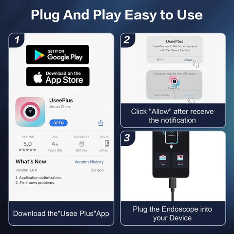 Plug and play guide for Dual Lens Endoscope Camera With Light For Inspections using UseePlus app on iPhone or Android.