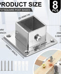 1x1 stainless steel square post base with dimensions, screws, and anchors for deck, railing, and fence support; 8 Pack included.