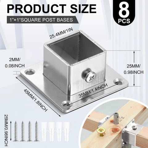 1x1 stainless steel square post base with dimensions, screws, and anchors for deck, railing, and fence support; 8 Pack included.