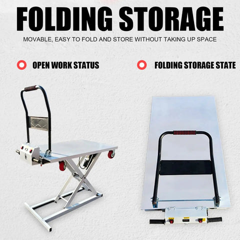 Heavy Duty Portable Hydraulic Lift Table With Foldable Scissor Design And Four Smooth Rolling Wheels in open and folded positions.