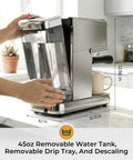 Compact Stainless Steel Espresso Machine, 20 Bar Pressure, Integrated Milk Frother, 45 Oz Tank displayed with removable water tank.