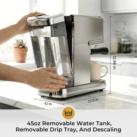 Compact Stainless Steel Espresso Machine, 20 Bar Pressure, Integrated Milk Frother, 45 Oz Tank displayed with removable water tank.