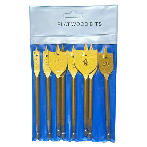 8 Piece Spade Drill Bit Set For Woodworking 3/8 To 1-1/2 Inch Titanium Coated Carbon Steel With 1/4 Inch Hex Shank in storage pouch