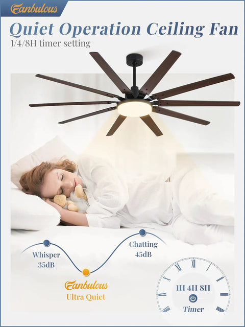 72 Inch Outdoor Ceiling Fan With Lights And Remote over bed, heavy duty black 10 blades, 32W LED light, quiet operation illustration.