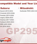 Compatible models list for Subaru and Mitsubishi, including Ascent, Crosstrek, Forester, Legacy, Outback, WRX, XV, Impreza, and Outlander PHEV, GP295