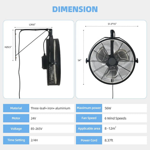 Dimensions of 20-Inch Wall Mounted Fan With Lights, 360 Degree Tilt, Remote And App Control, 6 Speed Reversible, 3CCT Dimmable