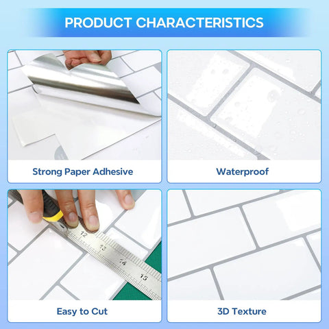 Product characteristics of Upgraded Peel And Stick Subway Tile Backsplash Kit 10 Self Adhesive 12 Inch Square White Tiles Realistic 3D Texture
