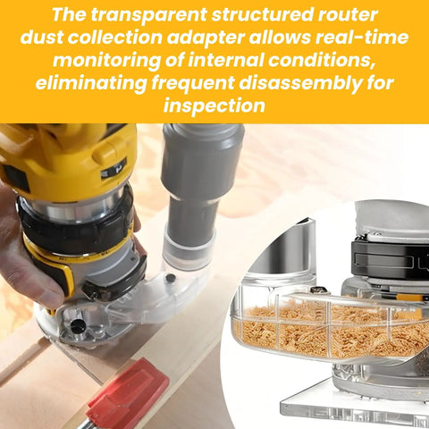 DNP615 Clear Router Dust Collection Adapter For Fixed Base Routers Compatible With DWP611 And DWP611PK in use, see-through design