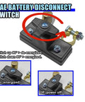 Heavy Duty Battery Disconnect Switch 12V 24V Power Cut Off shows switch mechanism; brass and plastic; two positions for energized and de-energized.