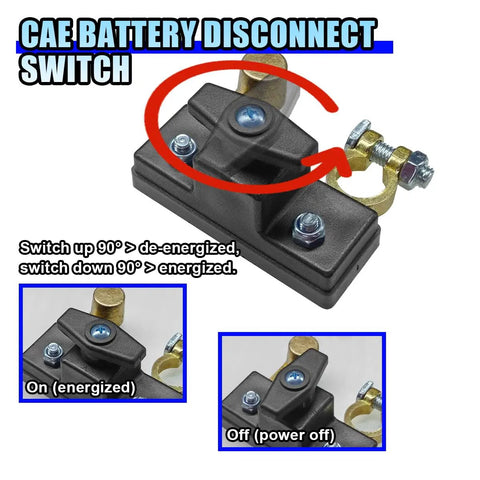 Heavy Duty Battery Disconnect Switch 12V 24V Power Cut Off shows switch mechanism; brass and plastic; two positions for energized and de-energized.
