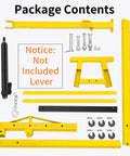Package contents for Two Ton Hydraulic Engine Hoist With 4400 Pound Capacity including yellow steel parts and a black hydraulic cylinder.