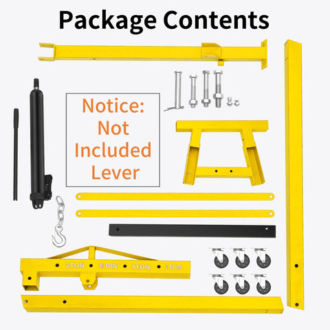 Package contents for Two Ton Hydraulic Engine Hoist With 4400 Pound Capacity including yellow steel parts and a black hydraulic cylinder.