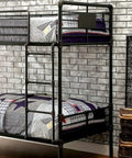 Twin Over Twin Metal Bunk Bed With Attached Ladder Full Pipe Frame Upper Guard Rails Antique Black Finish Built Tough For Boys And Girls Ideal Space Saving Loft Bed in a bedroom setting.
